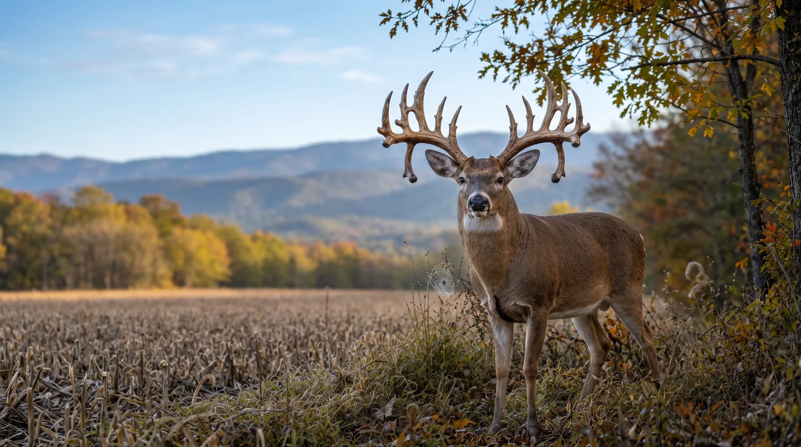 A mature whitetail buck standing at the edge of a harvested field with the Blue Ridge behind him